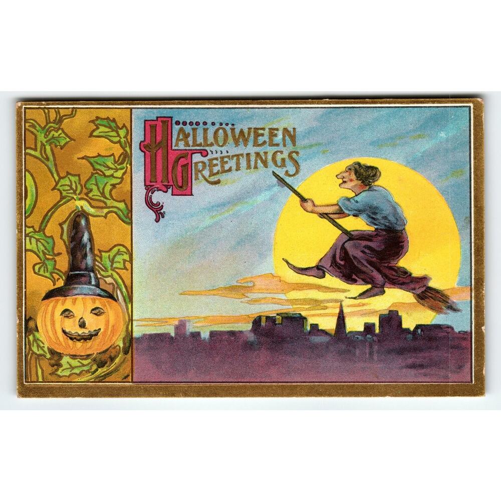 Vintage Halloween Greetings Witch Flying Over City Florence Bamberger Postcard